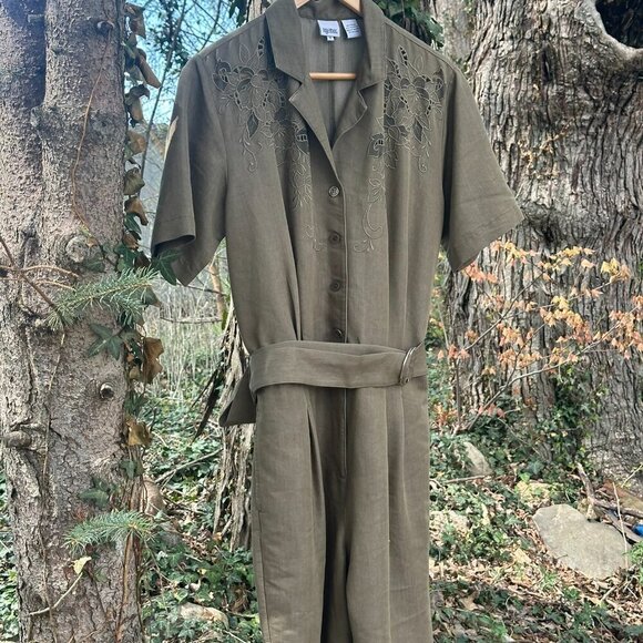 Together Green Notched Collar Shirt Romper with Belt Lace Detail - Picture 9 of 12